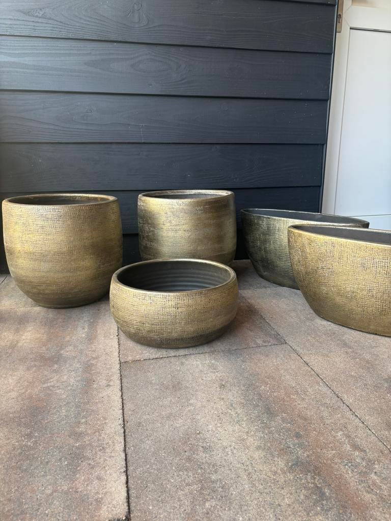 Prachtige Goud/slangenprint design bloempotten set., Ophalen, 40 cm of meer, Rond, Zo goed als nieuw