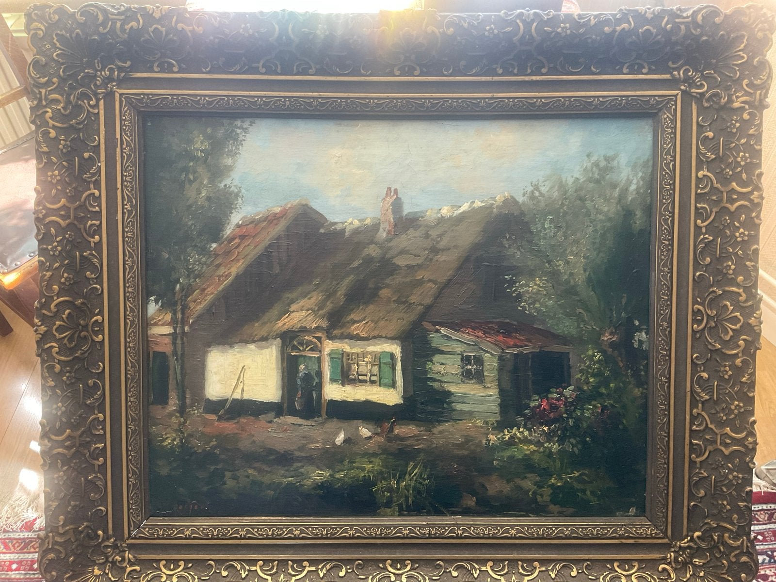 Olieverfschilderij: Landelijk tafereel met boerderij, Doek, Ophalen of Verzenden, Landschap, Olieverf