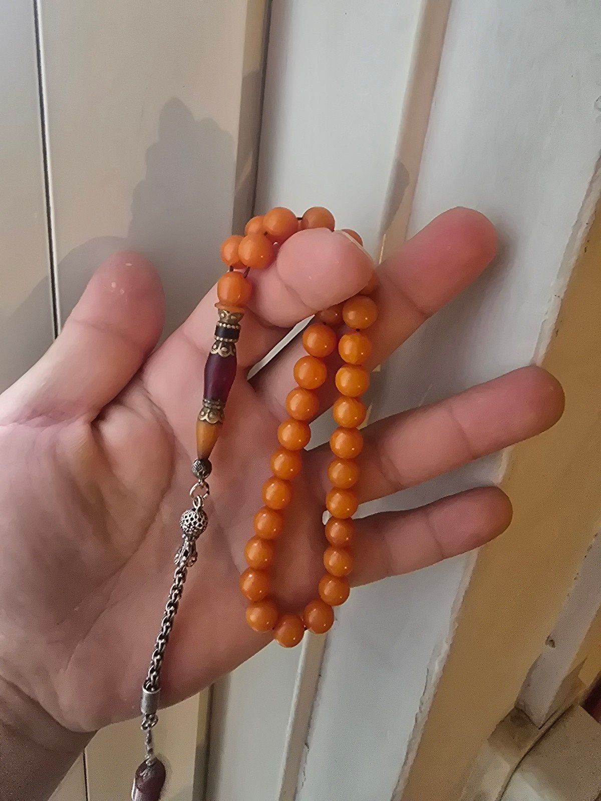 sıkma kehribar zincir ucu önceki hali cok güzel eski tesbih, Ophalen