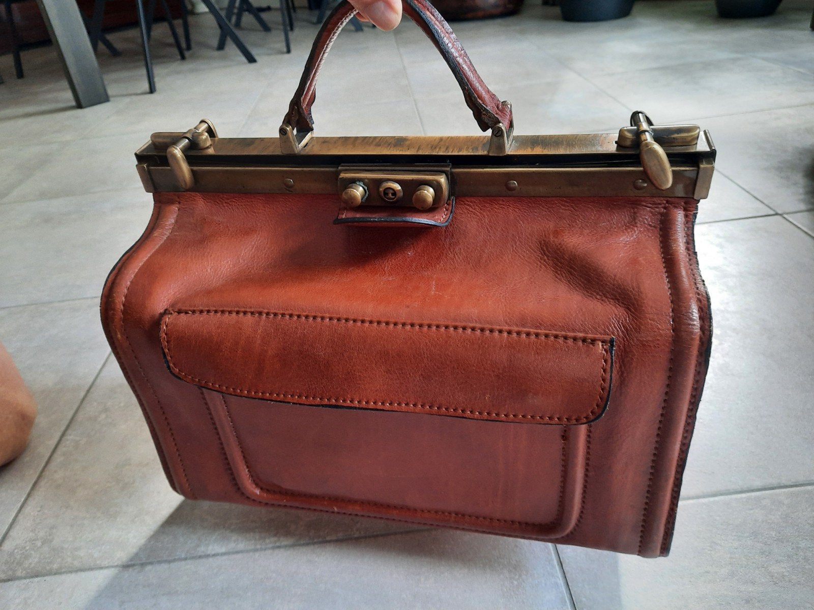 Vintage Leren Dokterstas / Handtas - Cognac Bruin, Ophalen, Gebruikt, Bruin, Handtas