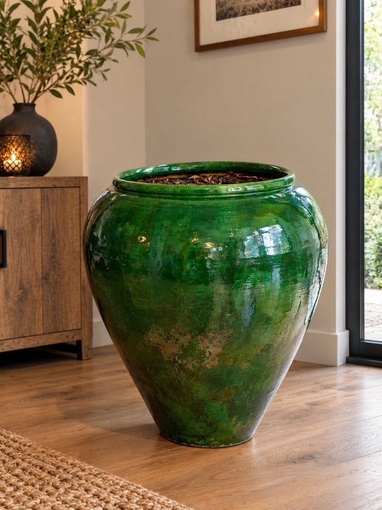 Unieke grote bloempot aardenwerk Groen, Tuin en Terras, Ophalen, 40 cm of meer, Rond, Binnen