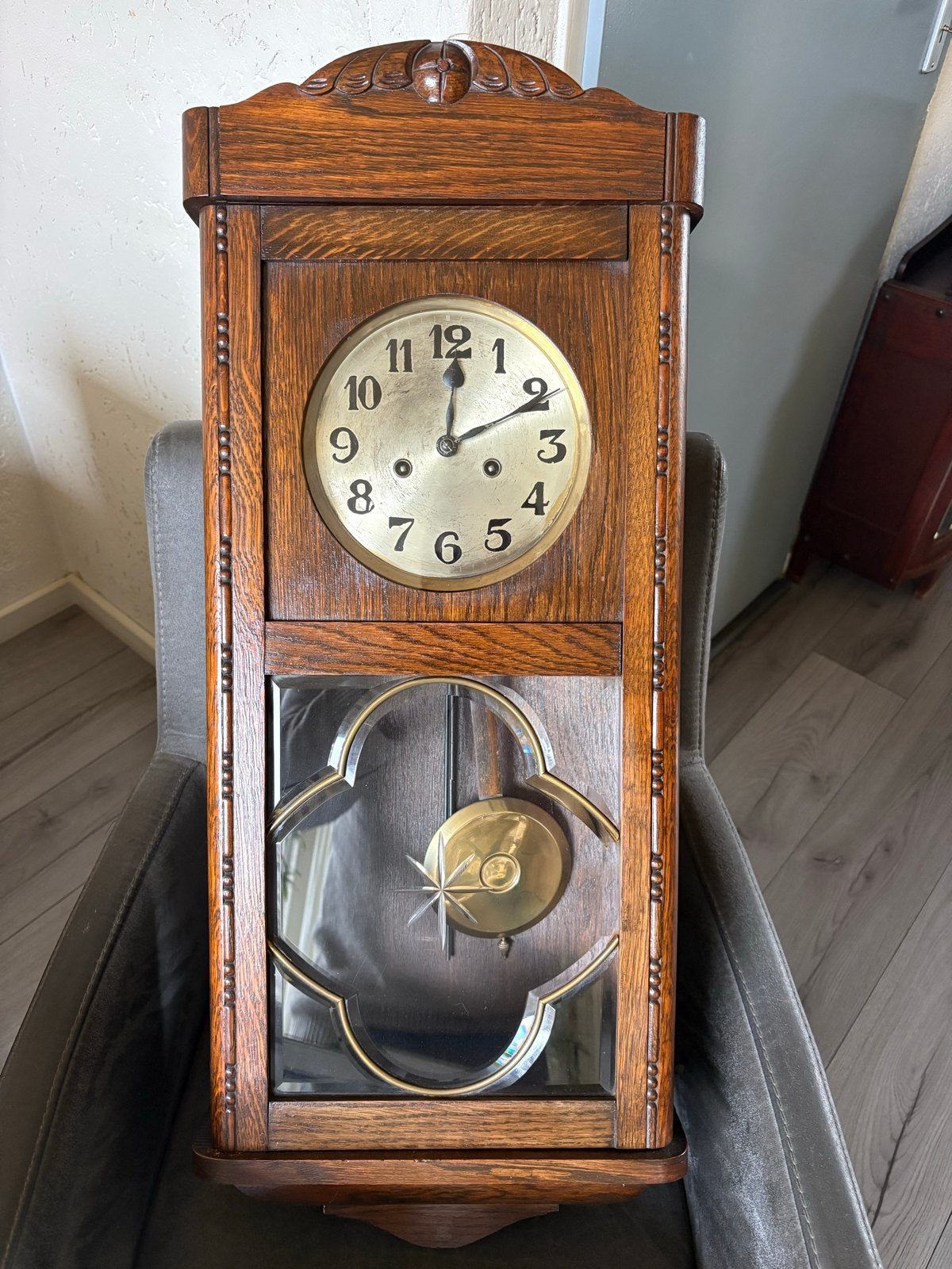 Antieke houten regulateur wandklok - Goed werkend, Antiek en Kunst, Ophalen