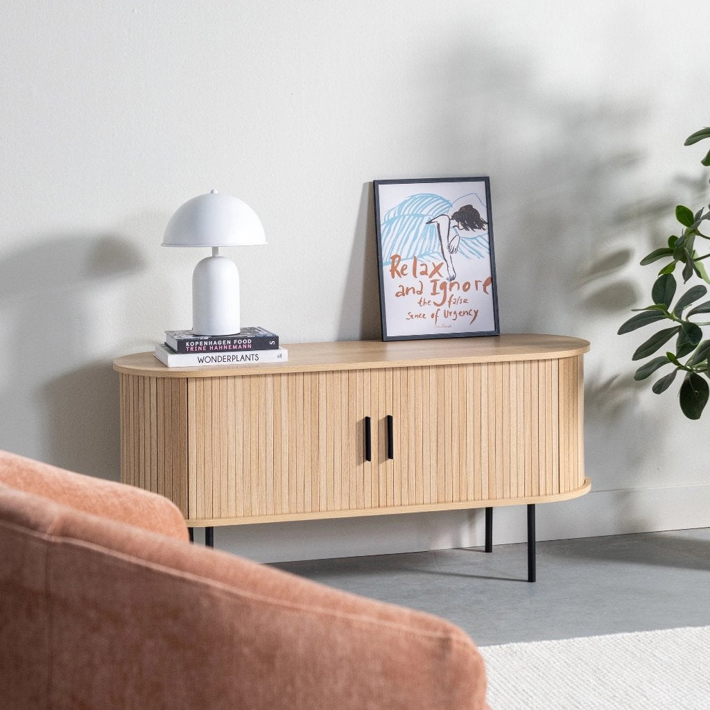 by fonQ Basic Panel TV Meubel 120 cm – Eiken, Ophalen, 100 tot 150 cm, Overige materialen, Zo goed als nieuw