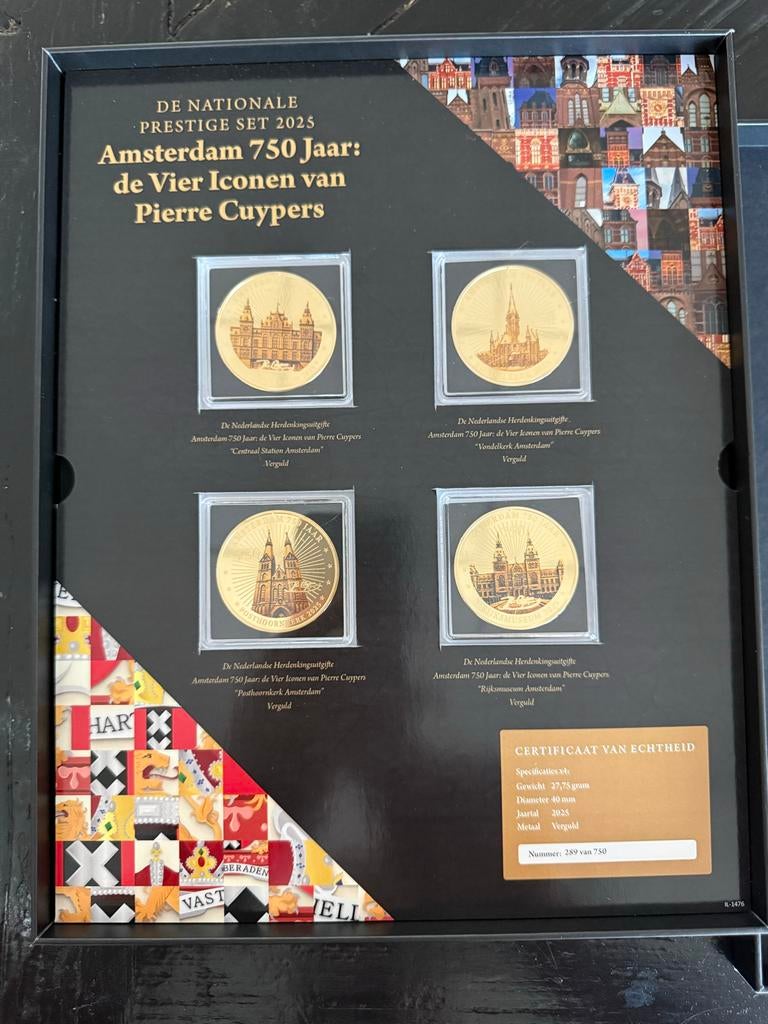 4 vergulde herdenkingsmunten 750 jaar Amsterdam, Setje, Koningin Beatrix, Goud, Overige waardes