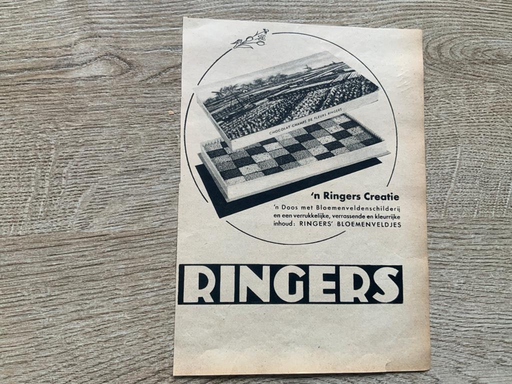 Vooroorlogse advertentie.Ringers.Bloemenveld Chocolade., Ophalen of Verzenden, 1920 tot 1940, Knipsel(s)