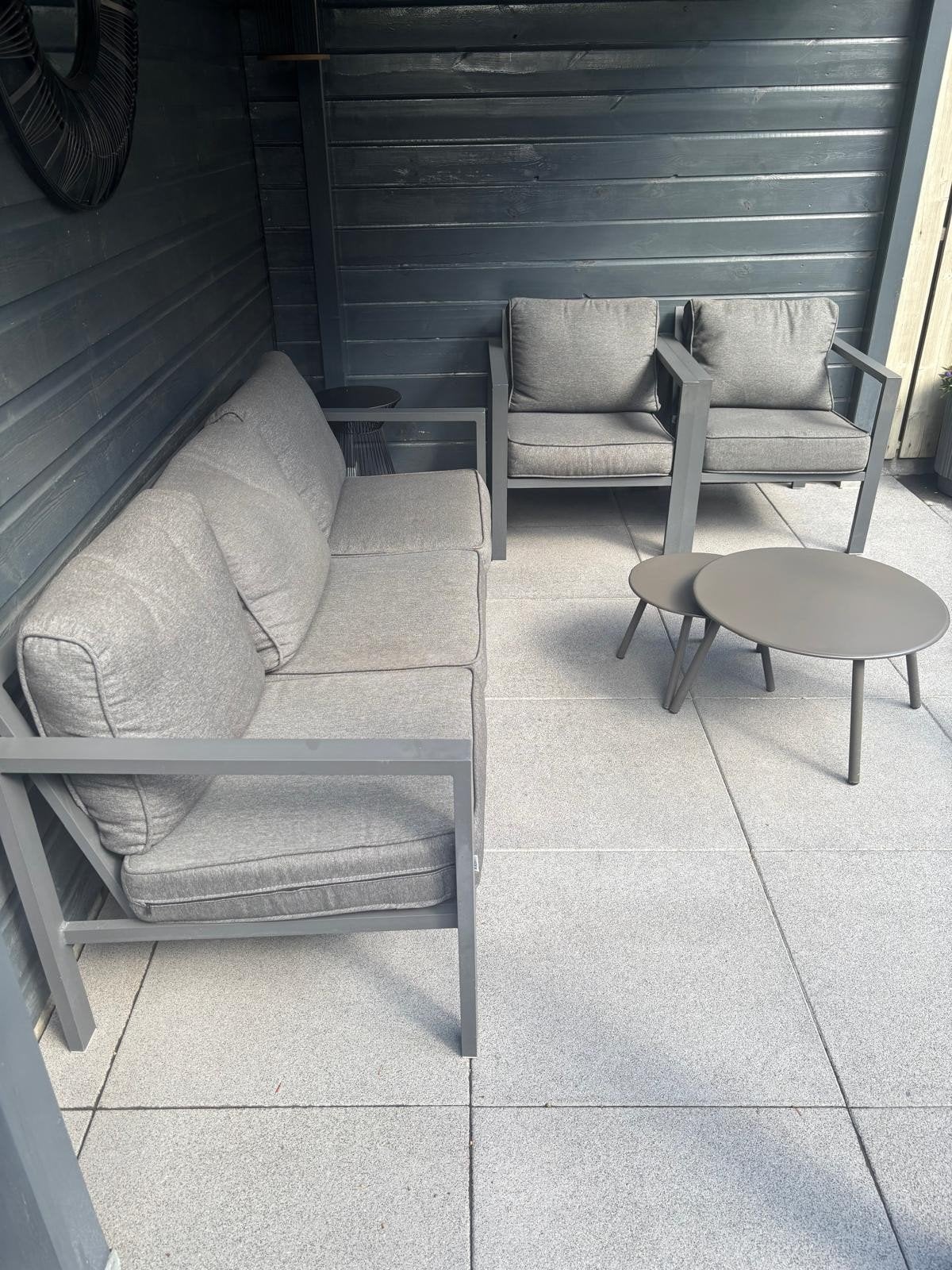 Loungeset bank + 2 fauteuils en bijzettafels, Tuin en Terras, Ophalen, 5 zitplaatsen, Aluminium, Loungeset