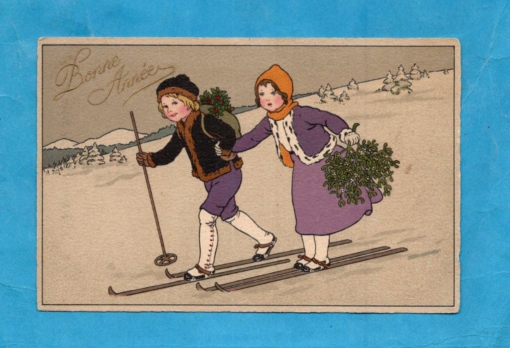 Leuke oude nieuwjaarskaart D190 - kinderen op de skies, Ophalen of Verzenden, 1920 tot 1940, Gelopen, Kinderen