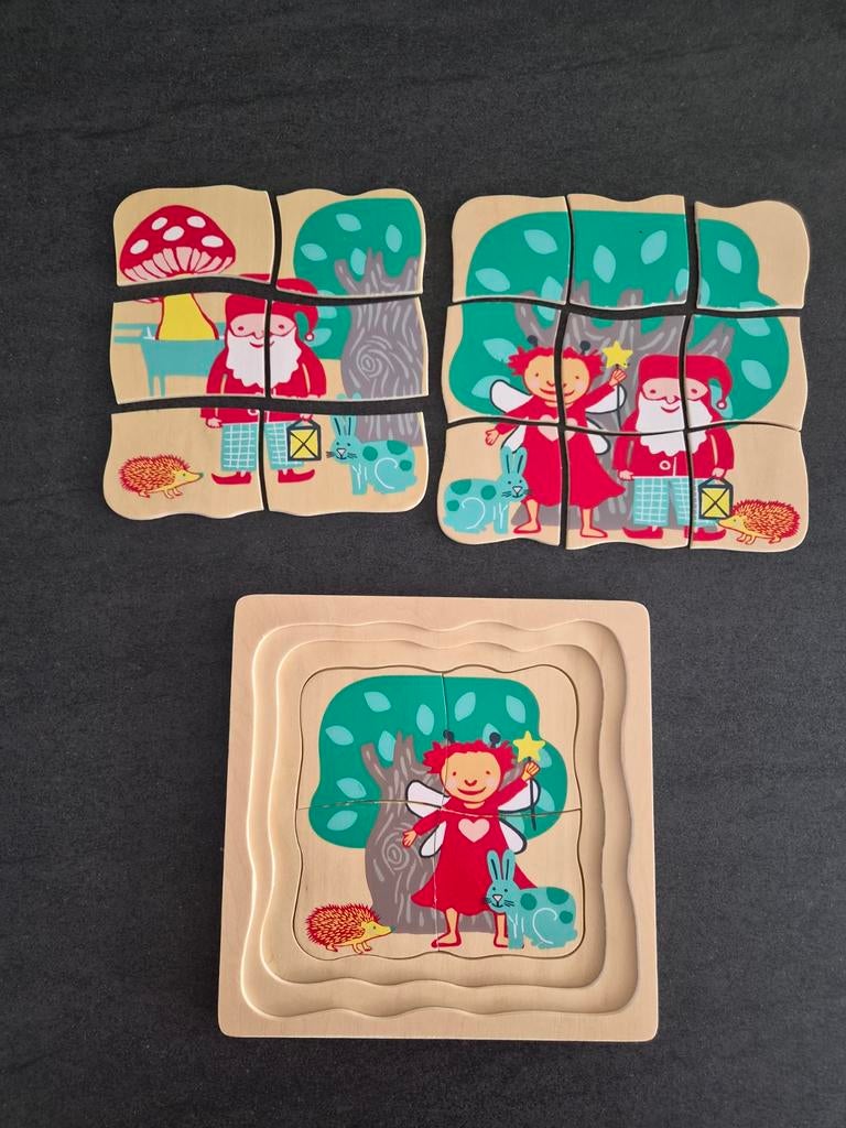 Houten 3-in-1 Puzzel: Kabouter, Egel & Konijn, 2 tot 4 jaar, Gebruikt, Ophalen of Verzenden, Van hout