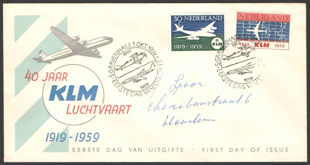 Nederland FDC E40 Met adres, KLM 40 jaar 1959, Postzegels en Munten, Postzegels | Eerstedagenveloppen, Ophalen of Verzenden, Beschreven