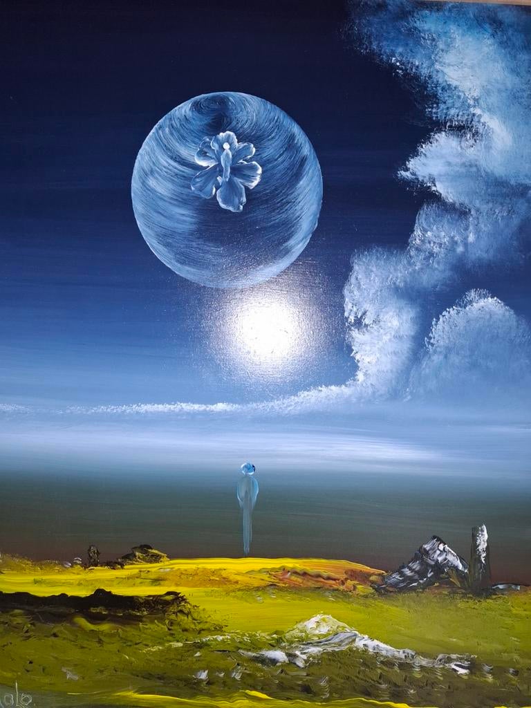 Mysterieus Landschap met Figuur en Bol, Antiek en Kunst, Kunst | Schilderijen | Klassiek, Ophalen