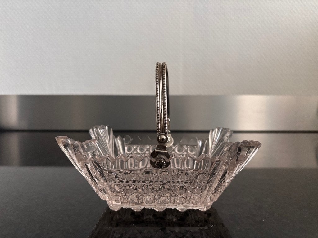 Antiek bonbonmandje, kristal en zilver, Amsterdam, ca. 1845., Ophalen of Verzenden, Zilver