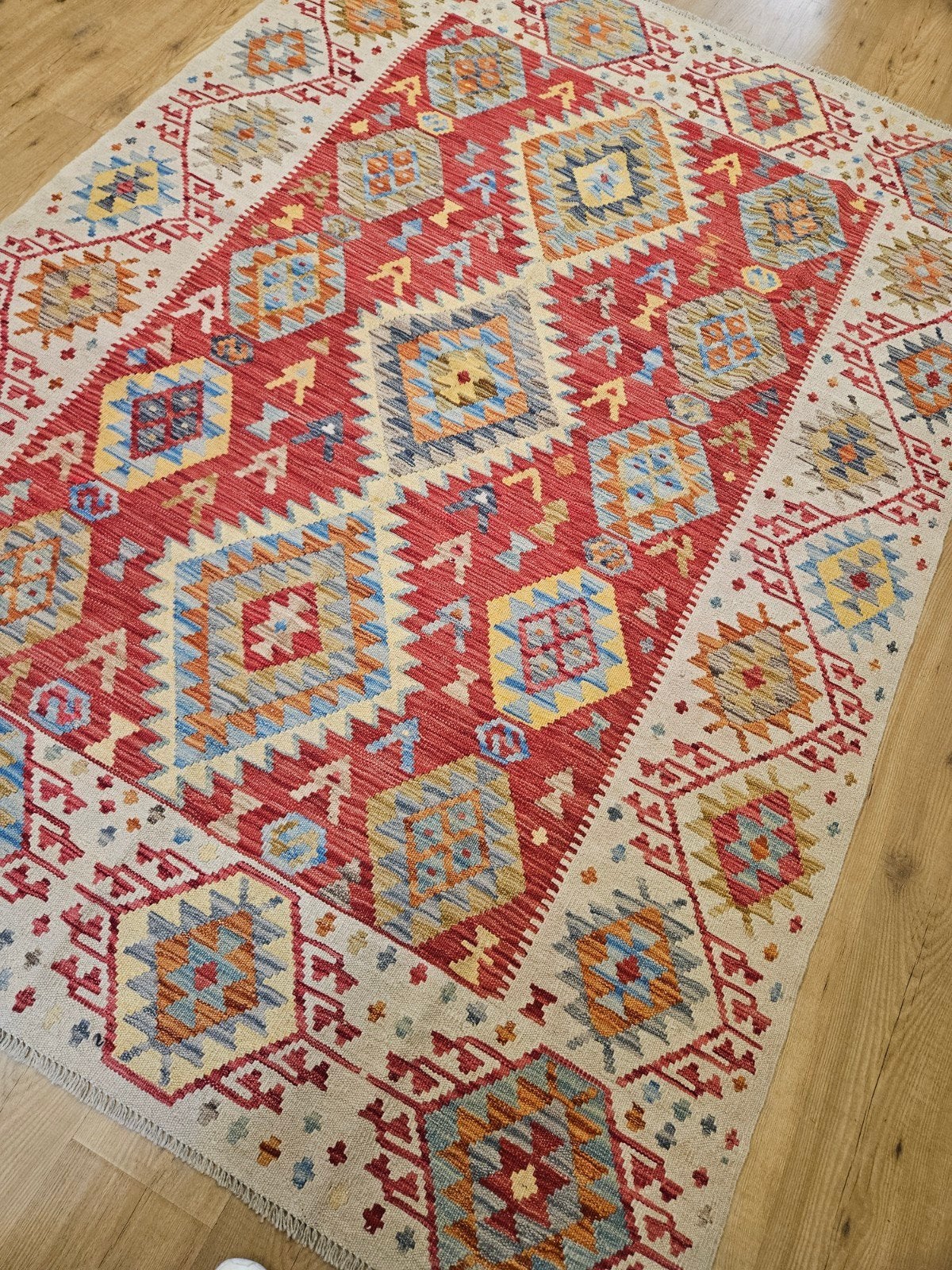 Handgeweven oosterse wollen kelim 246x177, Info@SlatsAntiek.nl, Blauw, Vof Slats Antiek, Ophalen of Verzenden