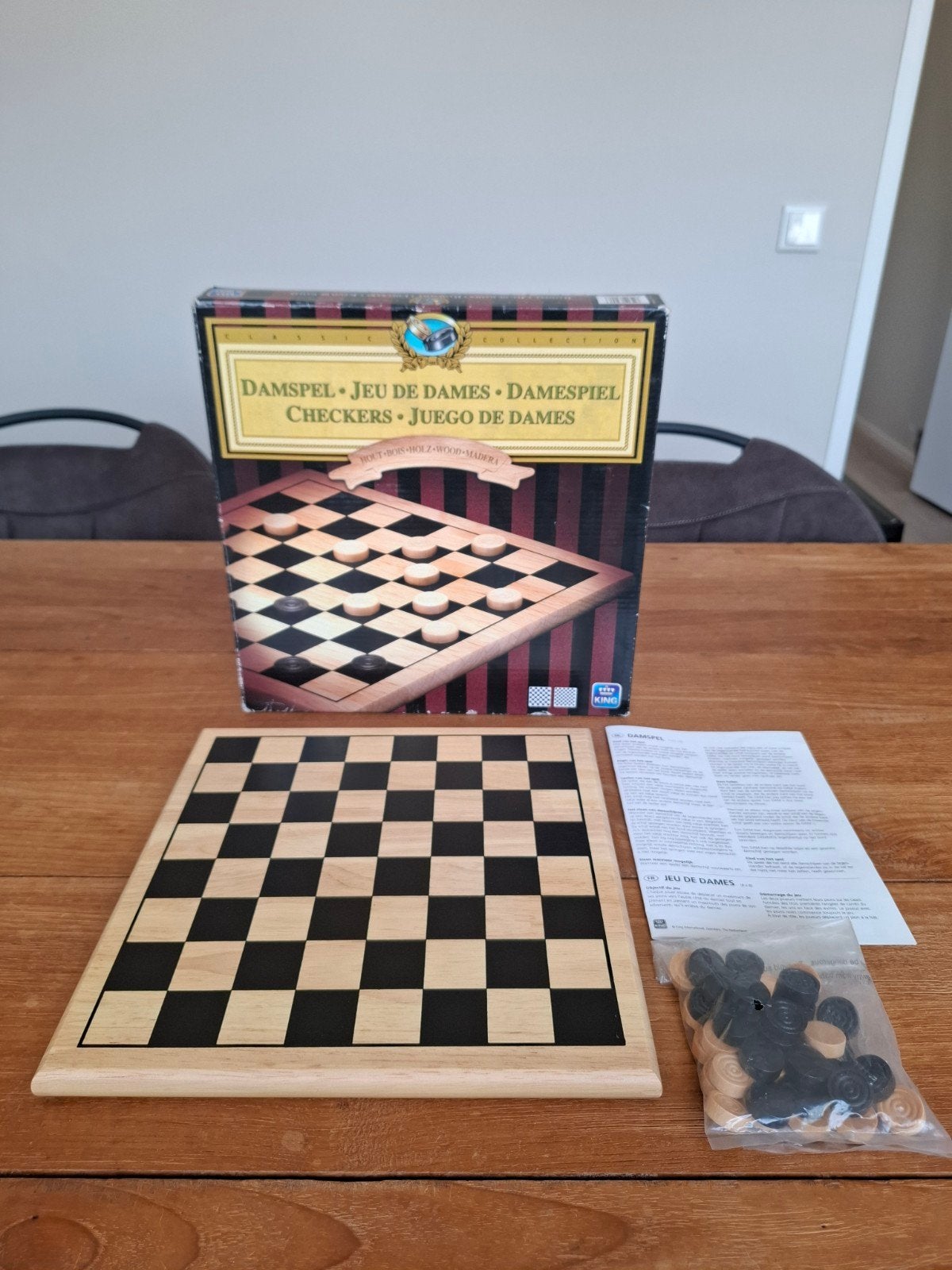 Damspeelset - Houten Schaakbord met Damstenen, Een of twee spelers, Ophalen of Verzenden, Zo goed als nieuw, King