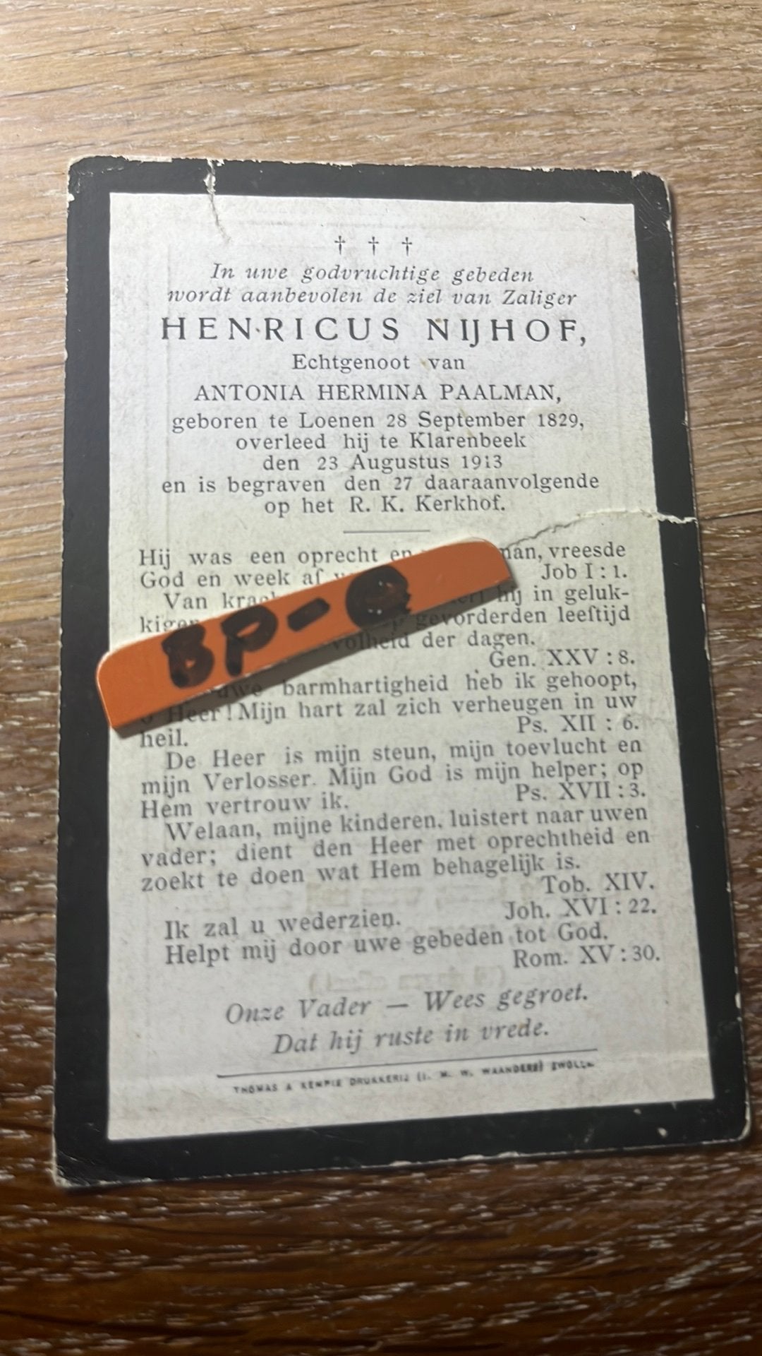 Nijhof Henricus 1829 Loenen 1913 Klarenbeek x Paalman, Ophalen of Verzenden, Bidprentje