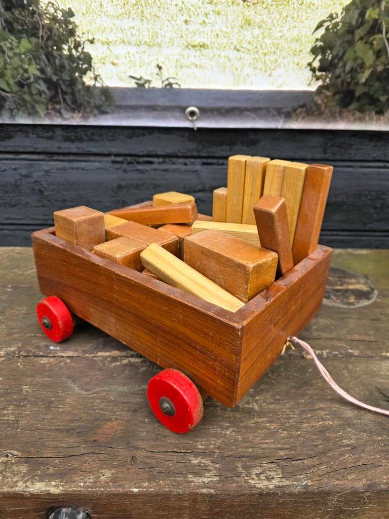 Vintage Houten Blokkenkar met Bouwblokken, Ophalen of Verzenden, Gebruikt, Overige merken