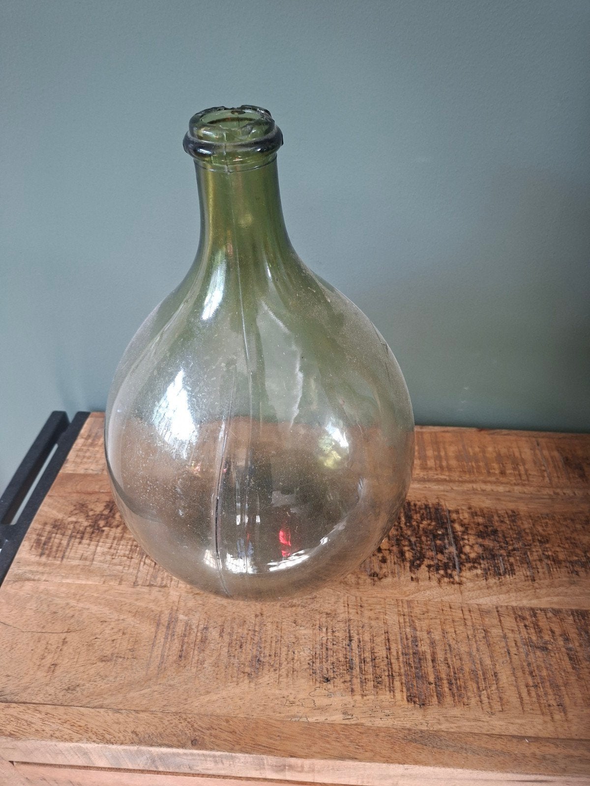 bolvormige glazen fles wijnfles Dame Jeanne groen gistfles, Glas, Ophalen, Gebruikt, 21 cm