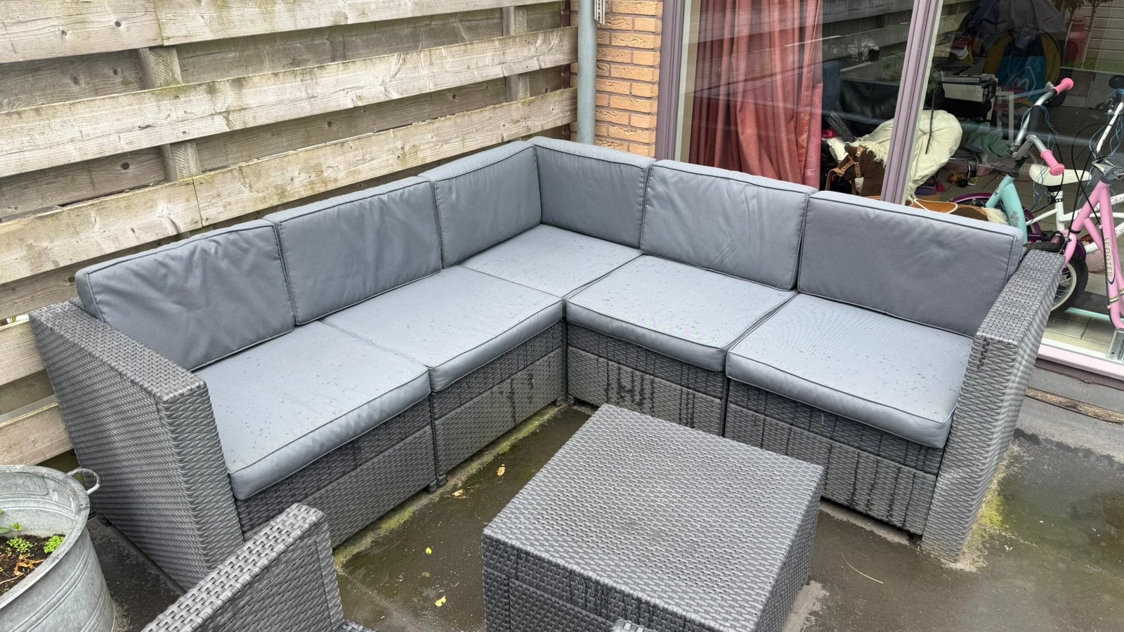 Kunststof Loungeset Allibert met kussens en tafel, Tuin en Terras, Tuinsets en Loungesets, Ophalen, 5 zitplaatsen, Kunststof, Gebruikt