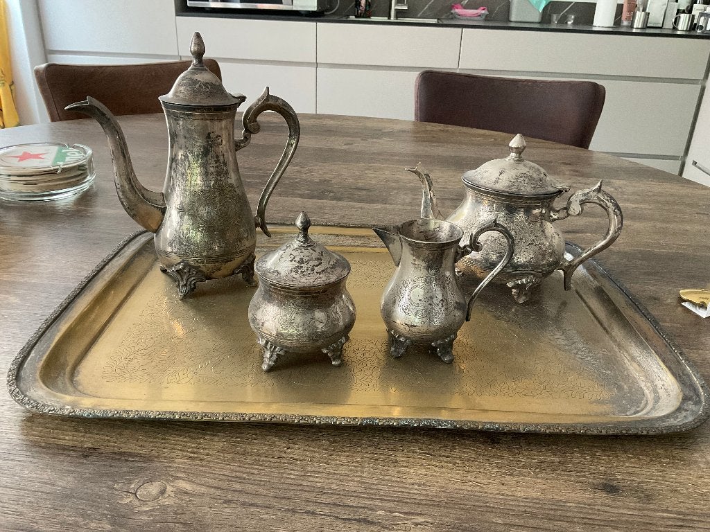 Verzilverd blad met koffie , thee en melk en suiker set, Antiek en Kunst, Ophalen of Verzenden