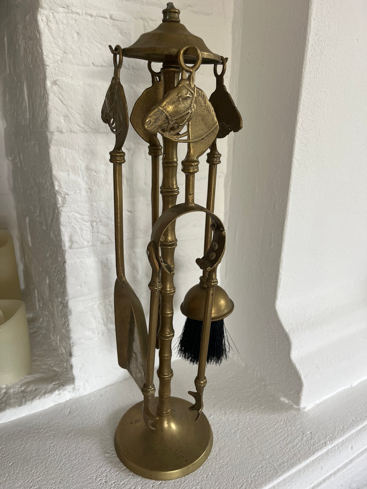 Vintage messing openhaard set met paardenhoofd, Ophalen, Vintage, Gebruikt, Goud
