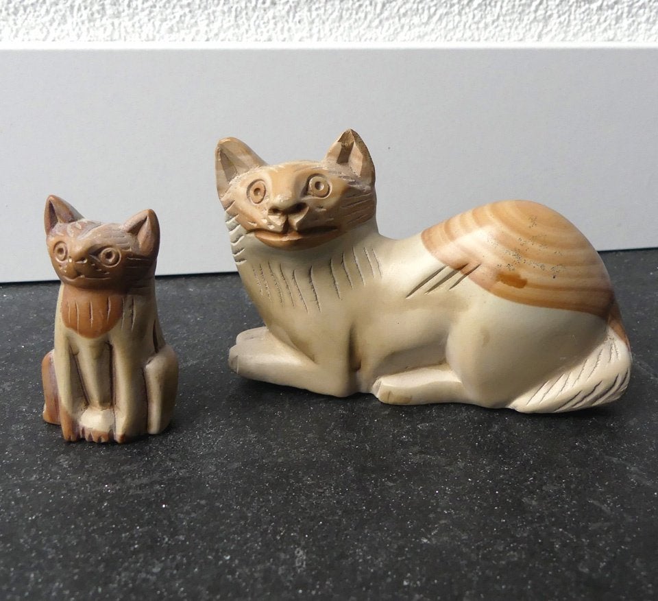 Vintage kattenbeeldjes stenen poezenbeeldjes steen, Ophalen of Verzenden, Gebruikt, Dier