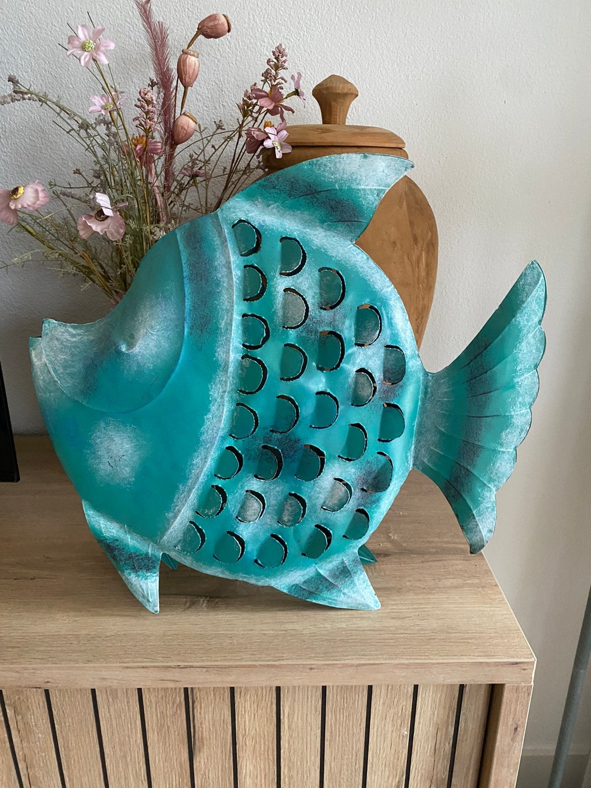 Grote metalen vis turquoise – 49 cm – woondecoratie, Ophalen, Zo goed als nieuw