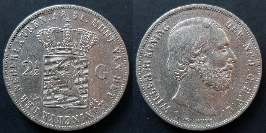 Rijksdaalder 1851, Postzegels en Munten, Munten | Nederland, Verzenden, Koning Willem III, 2½ gulden, Zilver