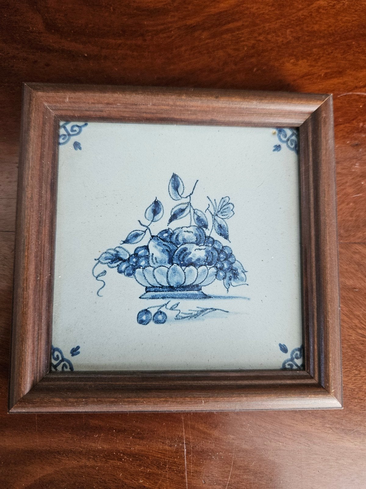 Delfts Blauw Tegeltableau met Fruitmand in Houten Lijst, Ophalen of Verzenden