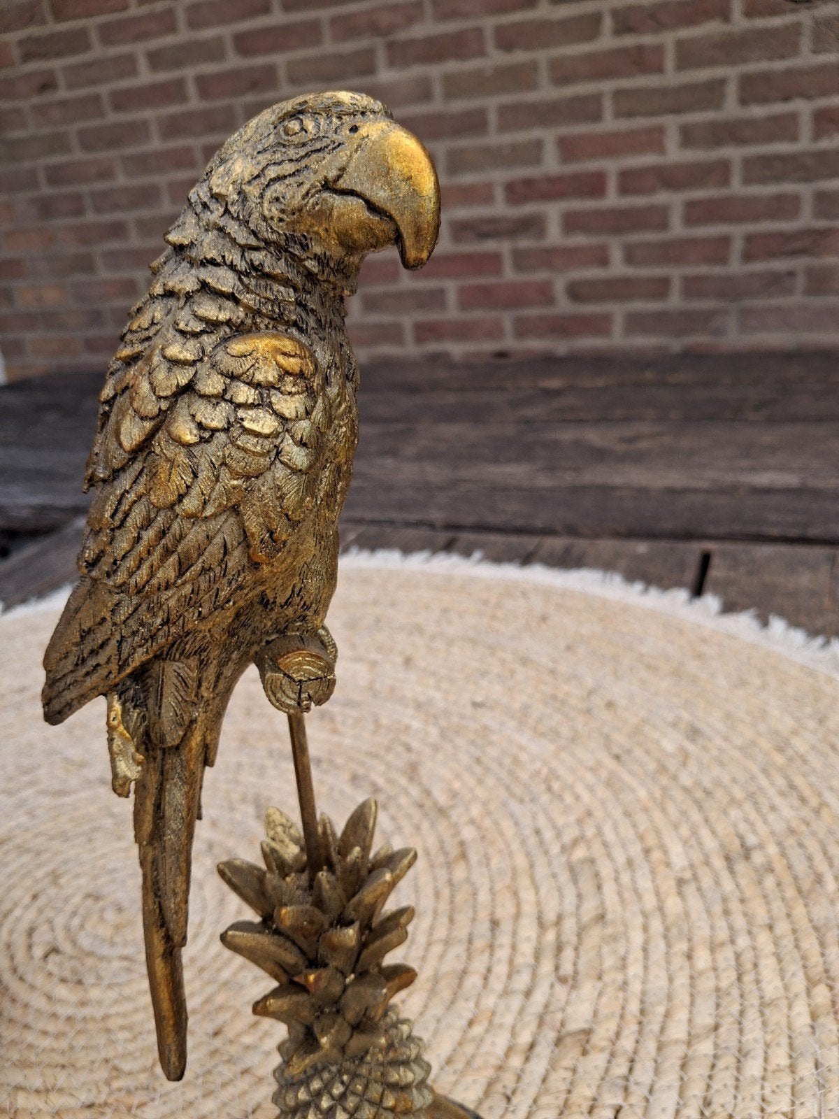 Gouden Papegaai Decoratie op Ananas Voet - 35 cm Hoog, Vintage, Nieuw, Ophalen of Verzenden, Goud