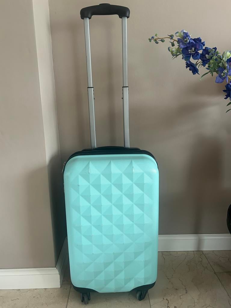 Mintgroene handbagagekoffer met wieltjes, Gebruikt, 50 tot 60 cm, Hard kunststof, Ophalen of Verzenden