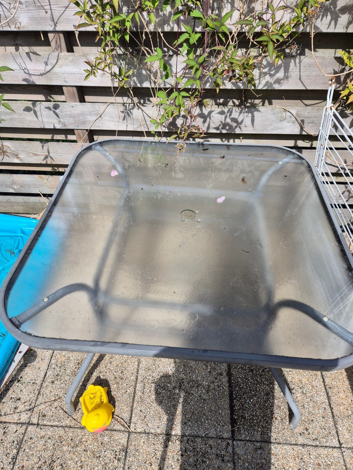 Tuin tafel 100x100cm met glazen plaat, Tuin en Terras, Ophalen, Gebruikt, Rechthoekig, Aluminium