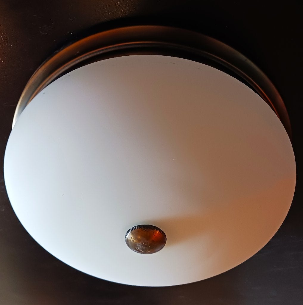 Vintage Bauhaus stijl / Midcentury Plafonniere Matglas Brons, Gebruikt, Wit, Plafondlamp, Glas