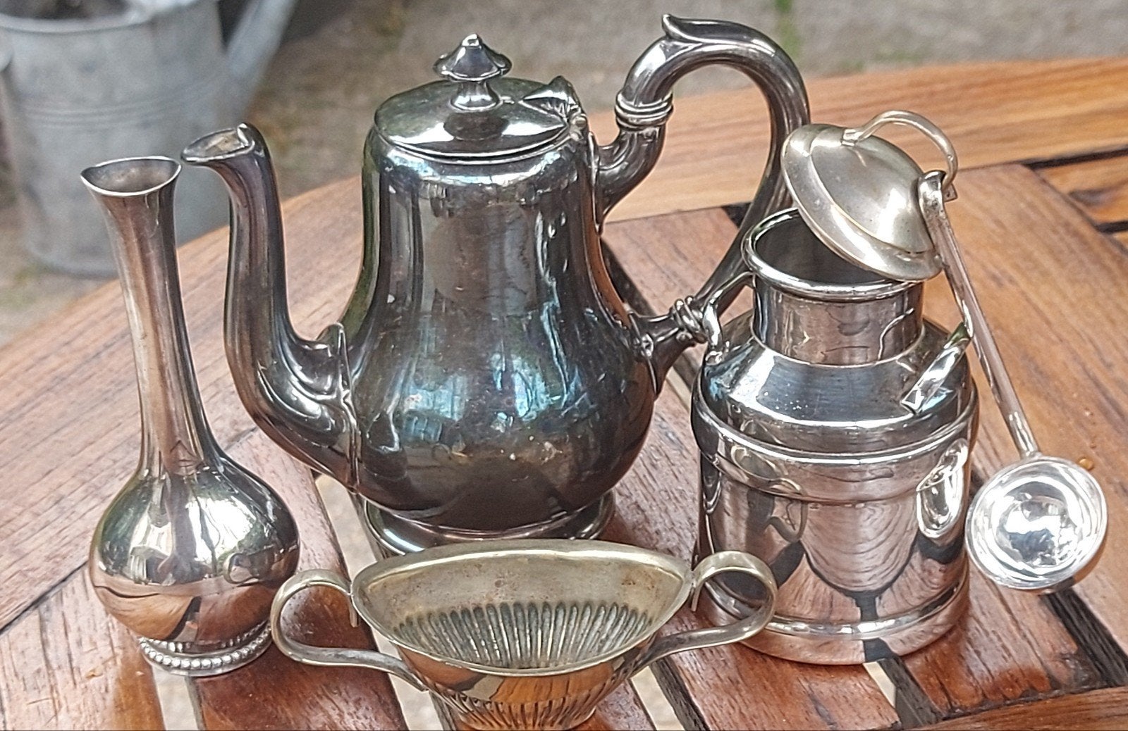 Antieke verzilverde theeset met vaas en sauskom, Antiek en Kunst, Antiek | Goud en Zilver, Zilver, Ophalen of Verzenden