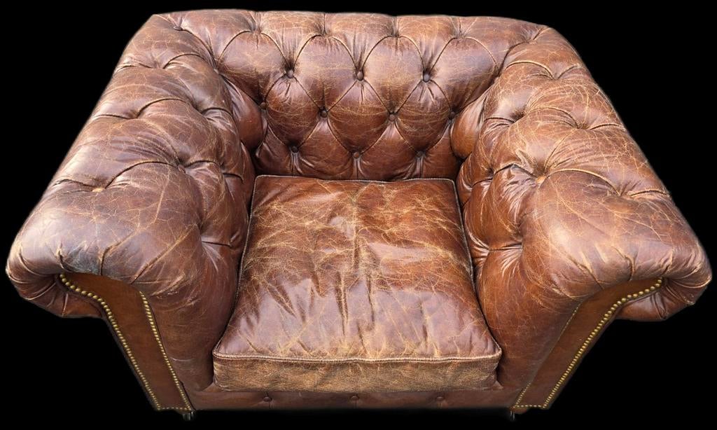 Chesterfield club fauteuil vintage leer + BEZORGING GRATIS, Gebruikt, ., Chesterfield, Ophalen of Verzenden