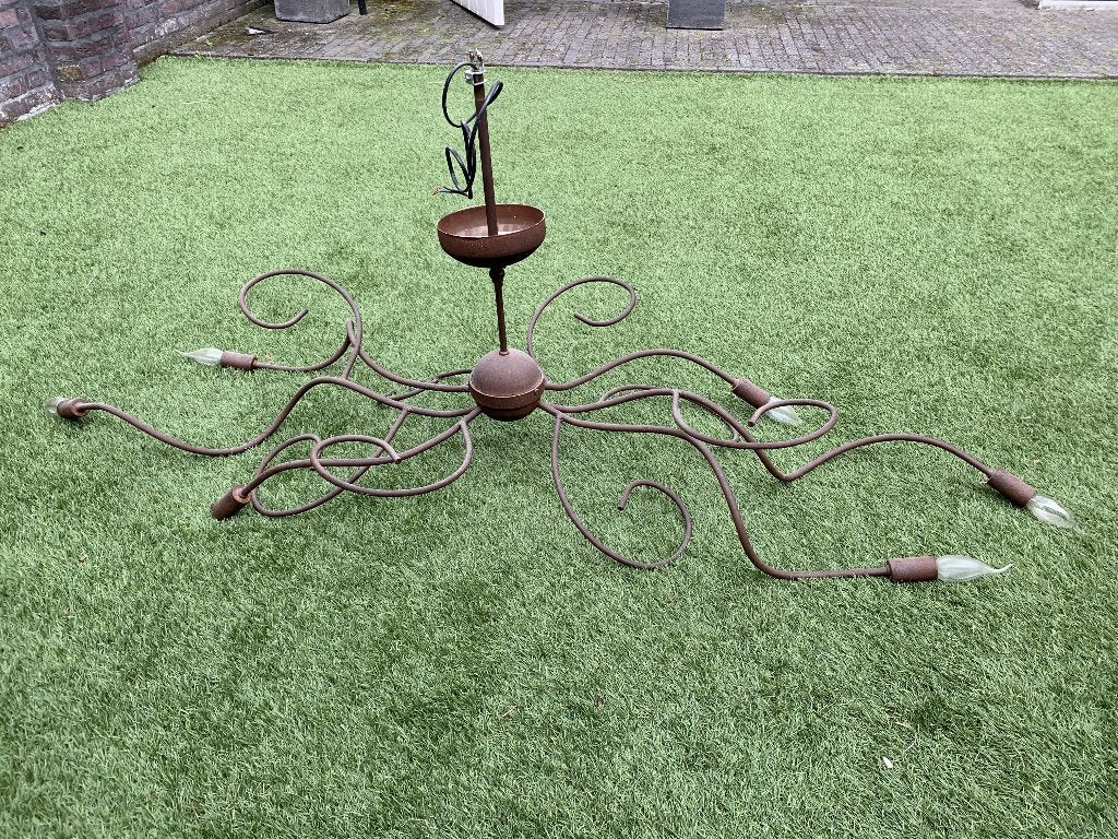 Industriële stalen hanglamp 149 cm, 6 lichtpunten roest look, Ophalen, Zo goed als nieuw, Metaal, Industriële, elegante, vintage