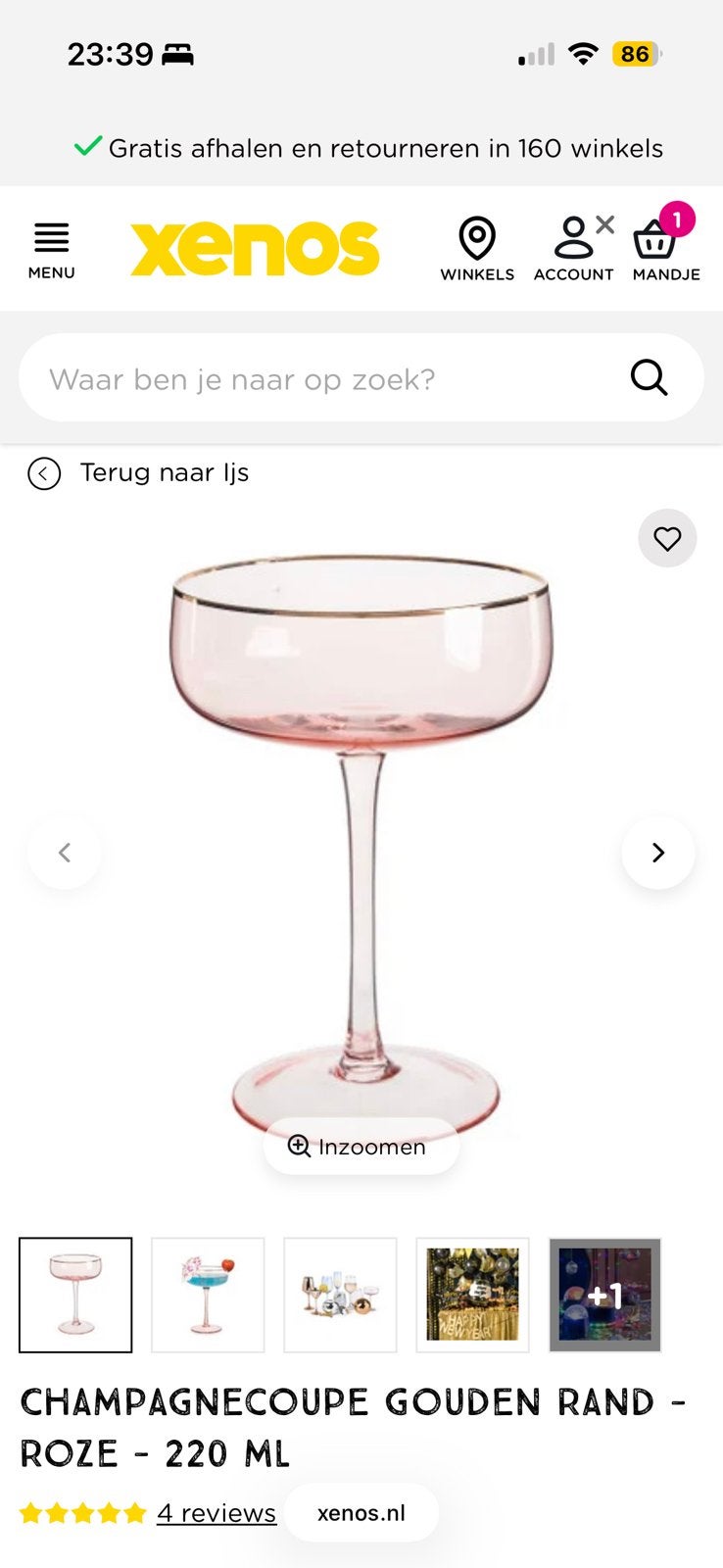 8 stuks cocktail glazen roze met gouden rand, Ophalen of Verzenden, Nieuw, Borrel- of Shotglas