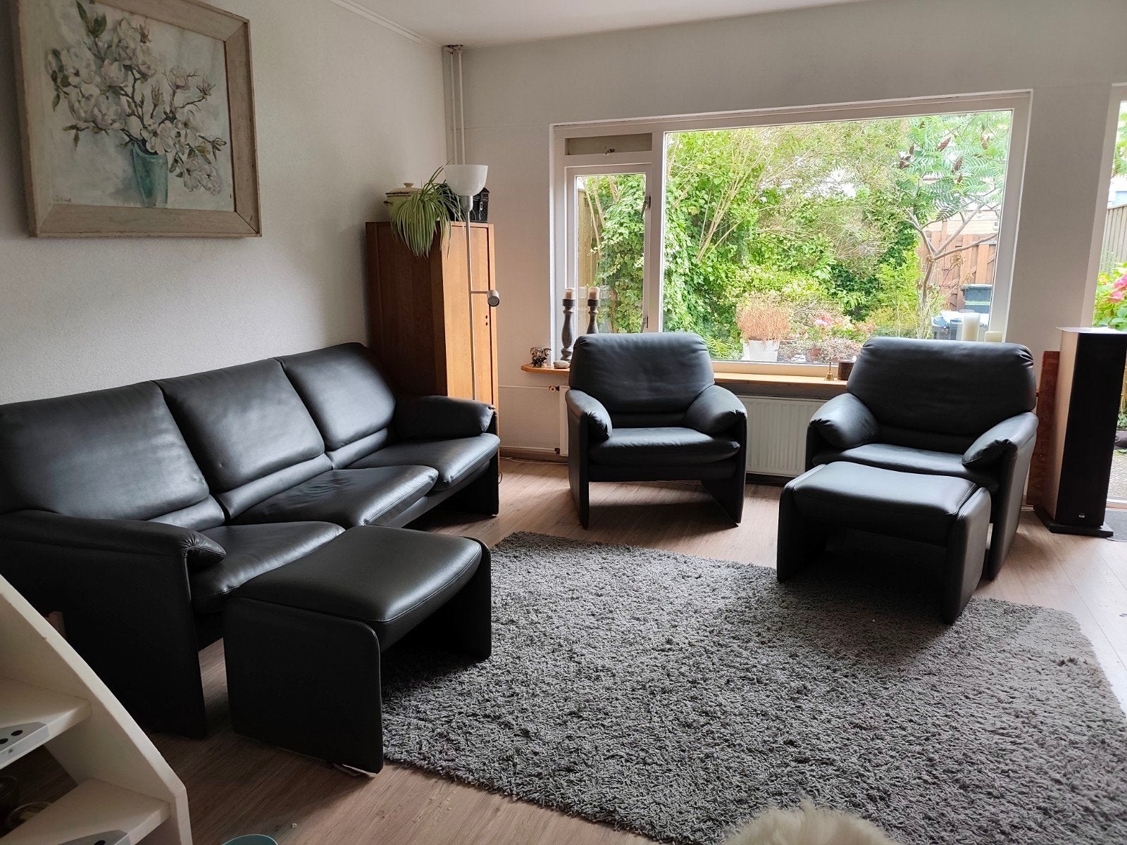Leolux Bora Beta 3-zits bank, 2 Fauteuils en 2 hockers, Ophalen, Gebruikt, Leer