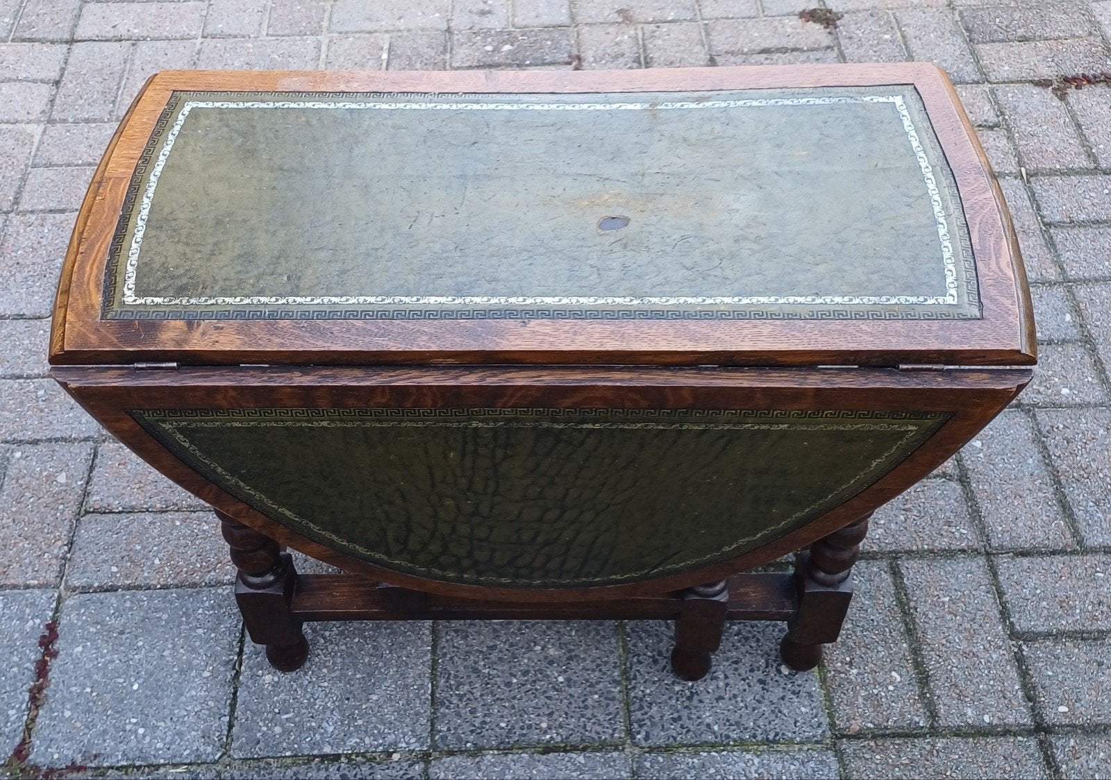 Antieke eikenhouten gateleg tafel met groen leer, Ophalen