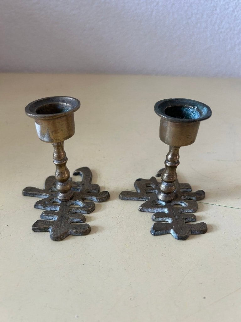 Paar vintage messing kandelaars met Chinees karakter, Ophalen of Verzenden, Koper of Brons