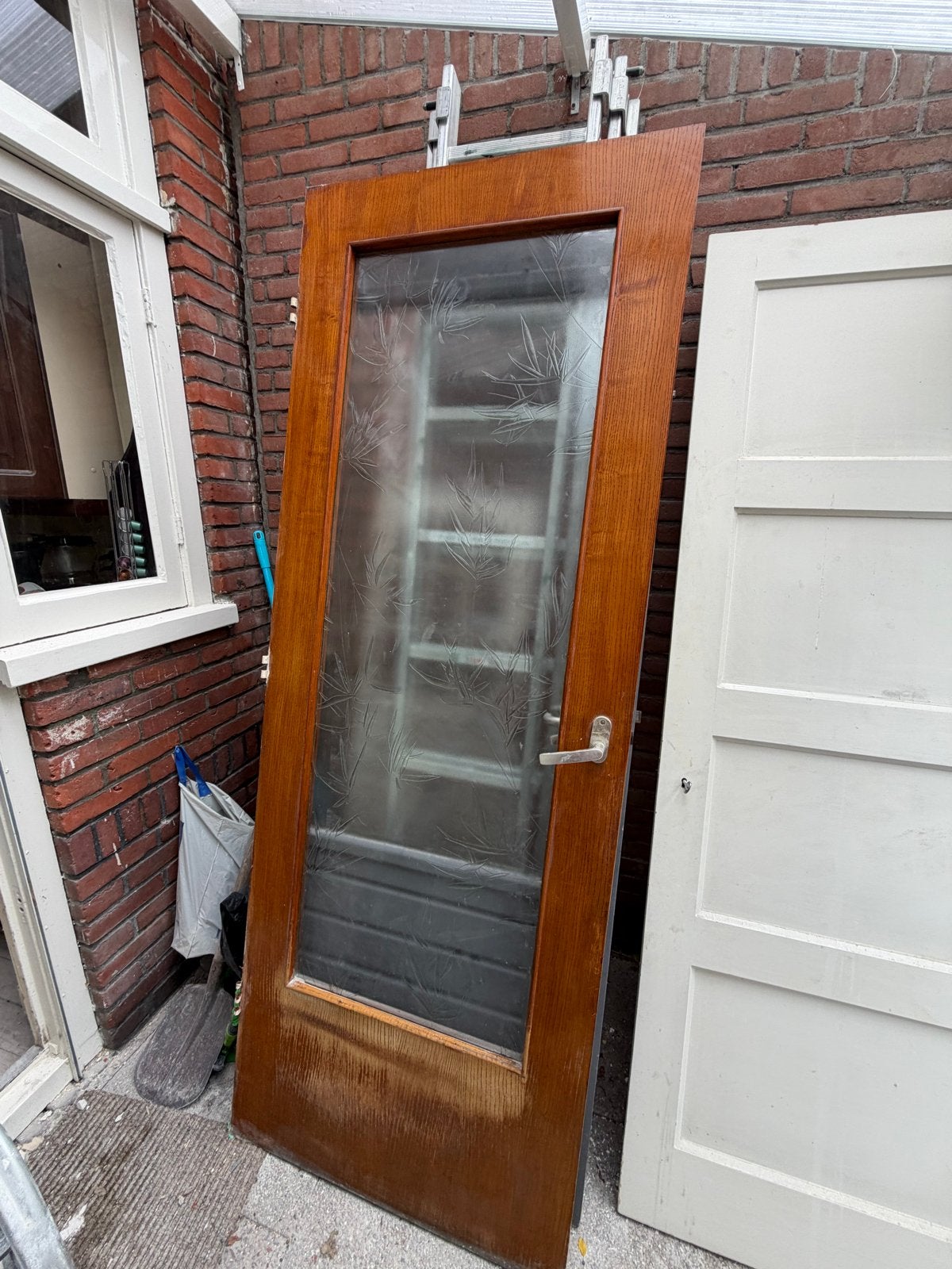 Houten binnendeur met glas en bamboepatroon, Ophalen, Gebruikt, 80 tot 100 cm, Binnendeur