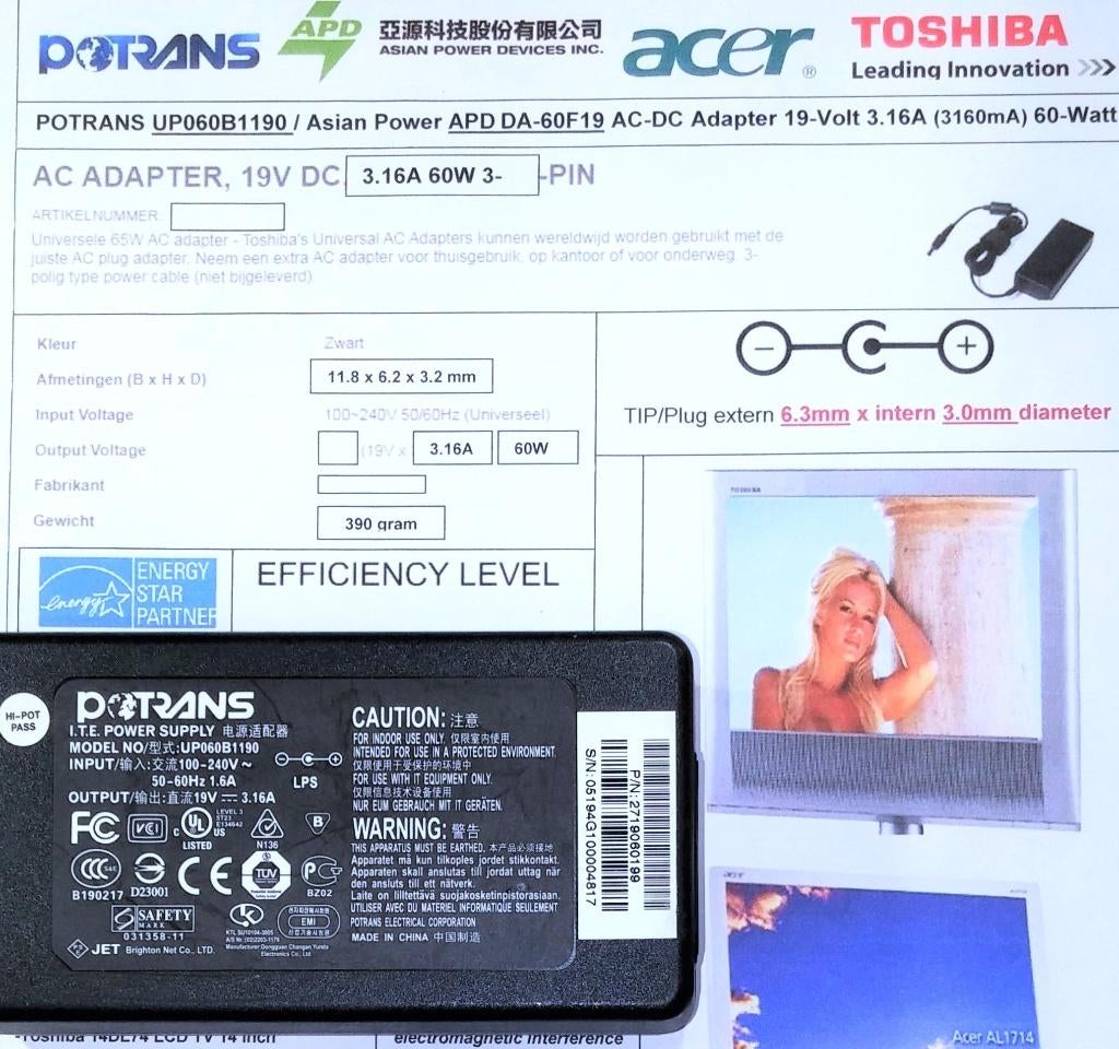 Potrans UP060B1190 19V 3.16A 60W Adapter 6.5x3.0mm Oplader, Computers en Software, Pc- en Netwerkkabels, Zo goed als nieuw, Ophalen of Verzenden