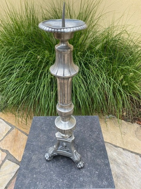 Grote vintage tinnen prikkandelaar  57 cm, Ophalen