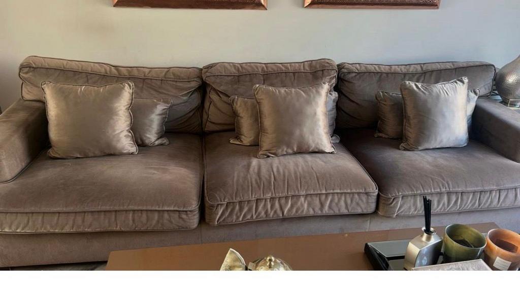 Luxe grote 3-zits bank 300 cm – taupe velours / hotel chic, Ophalen of Verzenden, Gebruikt