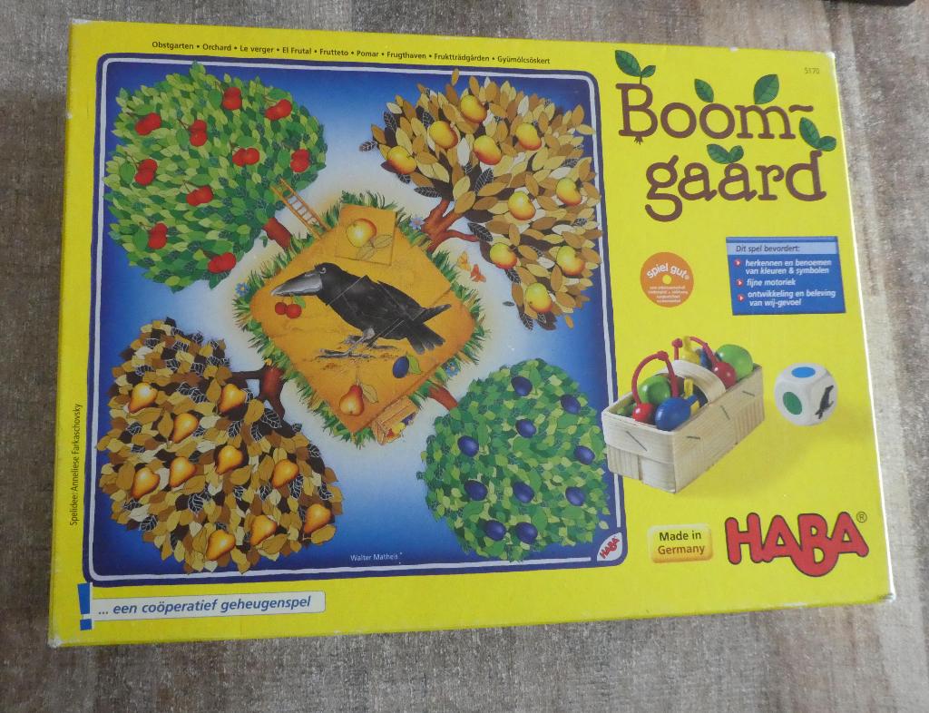 Boomgaard van Haba Fruitspel tegen de raaf vanaf 3 jaar., Een of twee spelers, Ophalen of Verzenden, Zo goed als nieuw, Haba