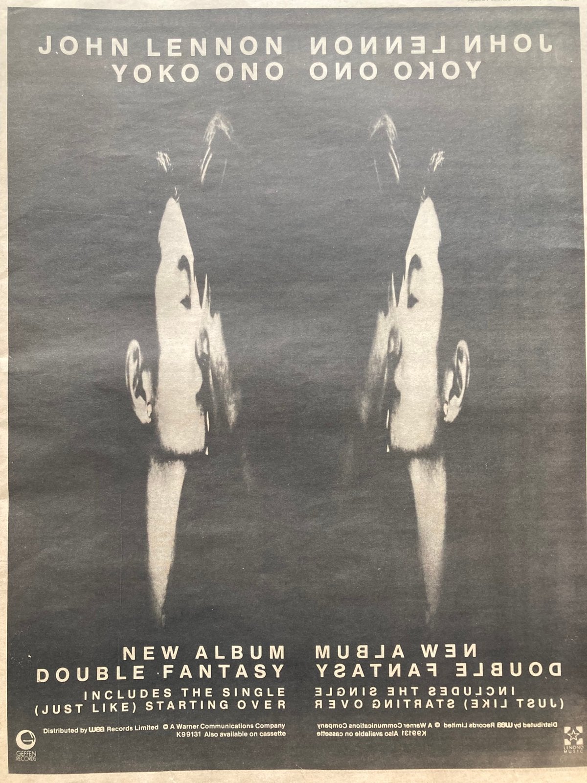 Paginagrote A3 advertentie LENNON & ONO Double Fantasy relea, Verzamelen, Ophalen of Verzenden, Gebruikt, A1 t/m A3