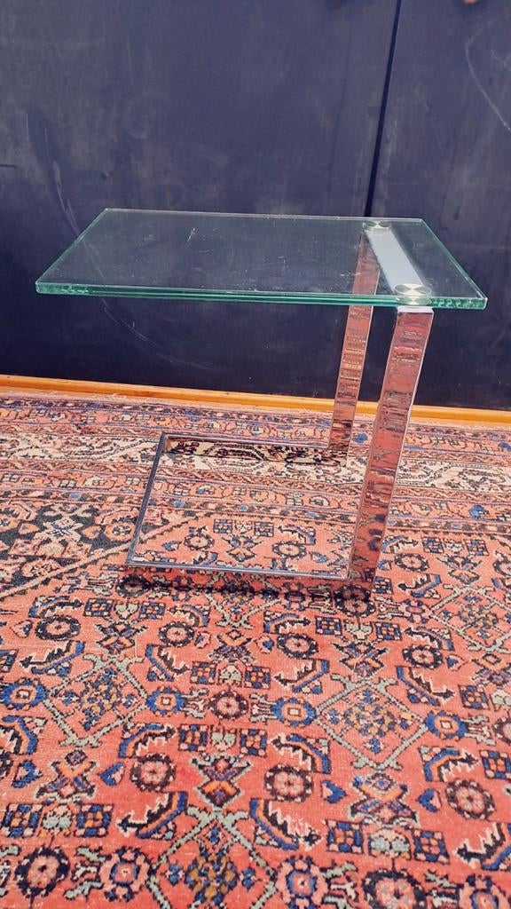 Moderne bijzettafel van glas en metaal, Minder dan 55 cm, Gebruikt, Glas, Modern