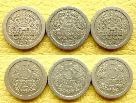 5 cent 1907, 1908 en 1909, Postzegels en Munten, Munten | Nederland, Verzenden, Koningin Wilhelmina, 5 cent