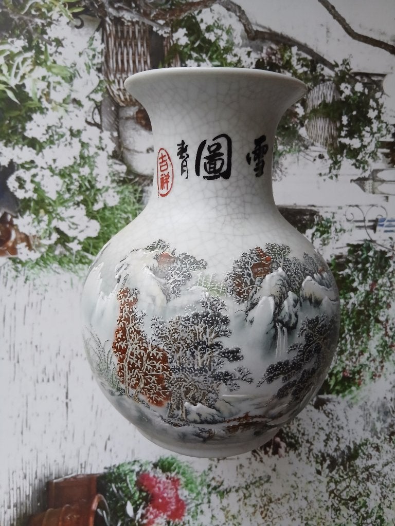 Vintage Chinese craquelé vaas - Winterlandschap, Antiek en Kunst, Antiek | Vazen, Ophalen of Verzenden