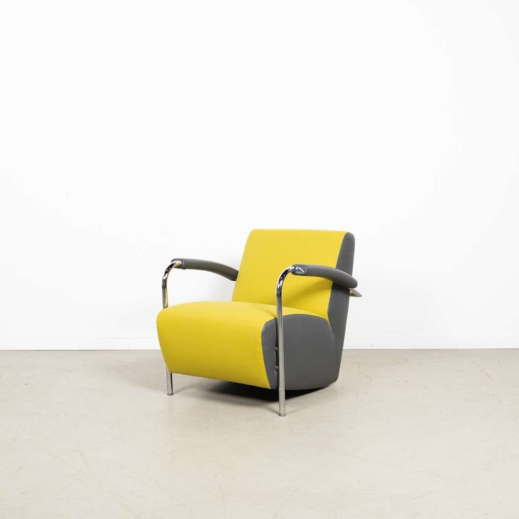 2x Leolux Scylla Laag Fauteuil Geel/Grijs Stof/Leer, Niet ingevuld, Leer, Niet ingevuld, 75 tot 100 cm