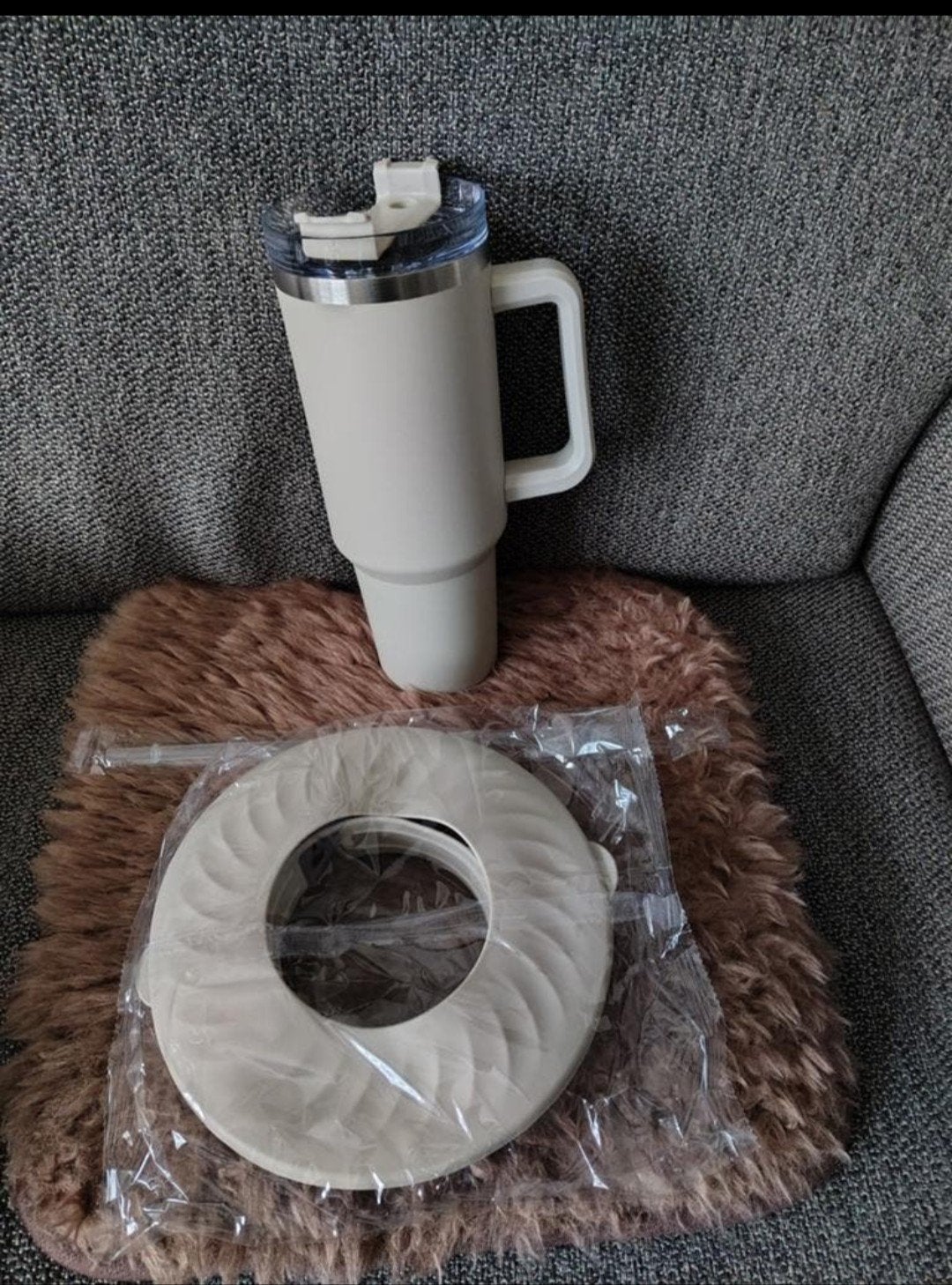 Roestvrijstalen Drinkbeker thermobeker met Snacktray - Crème, Ophalen of Verzenden, Nieuw, Metaal, Beige