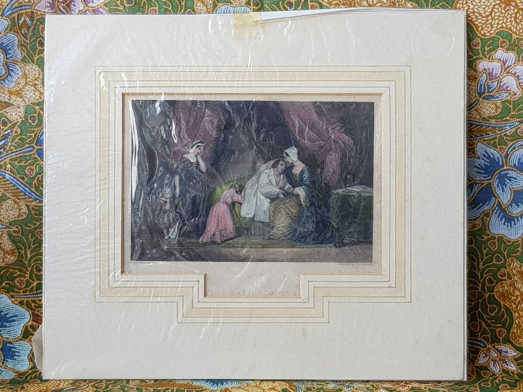 The last request prachtige antieke ets uit Engeland 26,4 cm., Dagelijks leven, 1800 - 1899, Ets, Handgekleurd